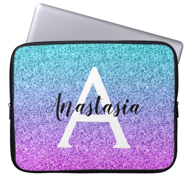 Glam Lila Aqua Glitzer Sparkle Gradient Monogram Laptopschutzhülle (Vorderseite)