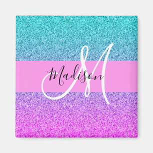 Glam Lila Aqua Glitzer Sparkle Gradient Monogram Magnet