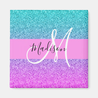 Glam Lila Aqua Glitzer Sparkle Gradient Monogram Magnet