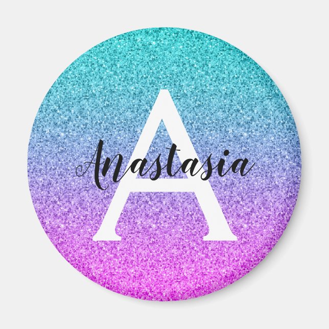 Glam Lila Aqua Glitzer Sparkle Gradient Monogram Magnet (Vorne)