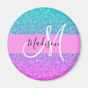 Glam Lila Aqua Glitzer Sparkle Gradient Monogram Magnet