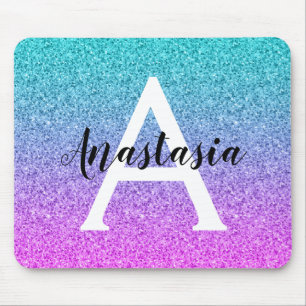 Glam Lila Aqua Glitzer Sparkle Gradient Monogram Mousepad