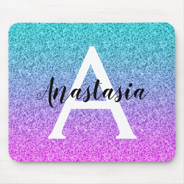 Glam Lila Aqua Glitzer Sparkle Gradient Monogram Mousepad (Vorne)