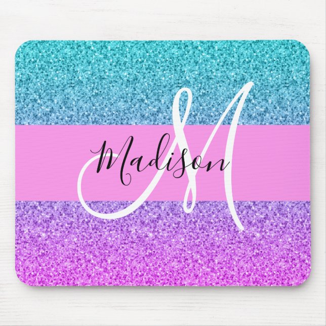 Glam Lila Aqua Glitzer Sparkle Gradient Monogram Mousepad (Vorne)