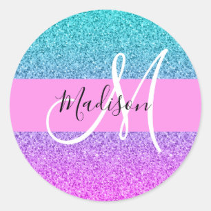 Glam Lila Aqua Glitzer Sparkle Gradient Monogramm Runder Aufkleber