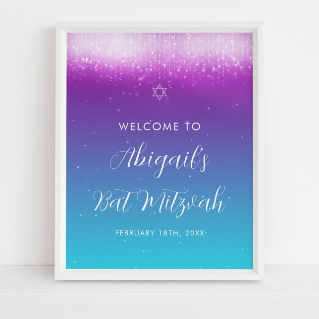 Glam Lila Aquamarin Bat Mitzvah Begrüßungszeichen Poster (Von Creator hochgeladen)