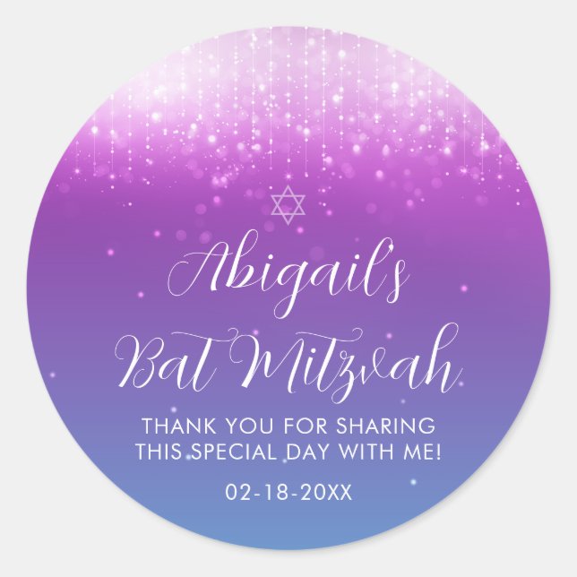 Glam Lila Aquamarin Bat Mitzvah Runder Aufkleber (Vorderseite)