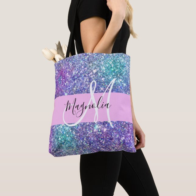 Glam Lila, Blue & Green Glitzer Sparkon Monogram Tasche (Von Nahem)