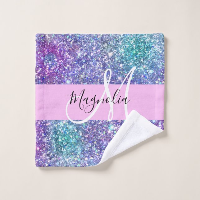 Glam Lila, Blue & Green Glitzer Sparkon Monogram Waschlappen (Waschlappen)