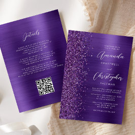 Glam Lila Brushed Metal QR Code Wedding Einladung