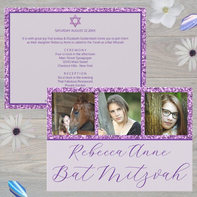 Glam Lila Elegantes Script 3 Foto Bat Mitzvah Einladung (Add your daughter's photos to these unique purple glam Bat Mitzvah invitations)