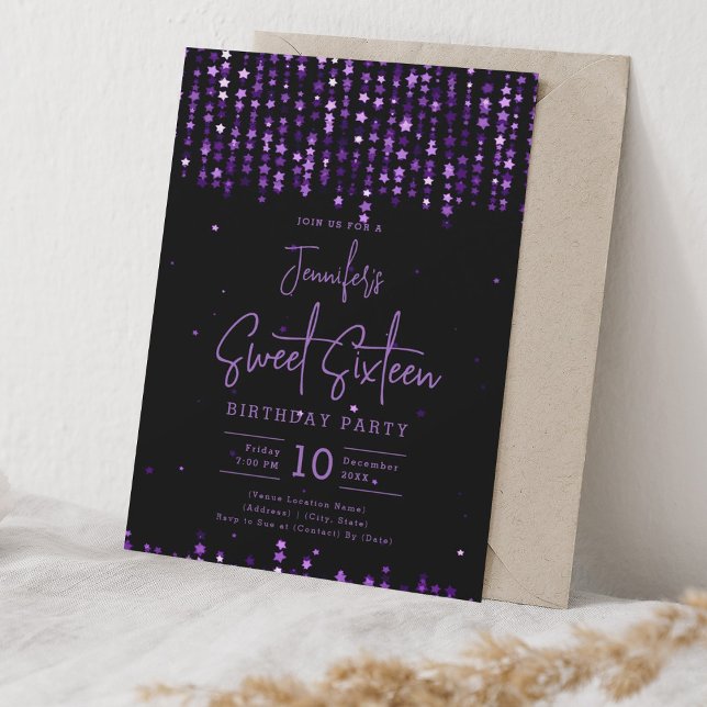 Glam Lila Falling Stars Sweet 16 Birthday Party Einladung (Glam Purple Falling Stars Sweet 16 Birthday Party Invitation)