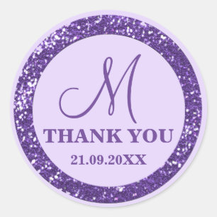 Glam Lila Glitzer Danke Monogram Runder Aufkleber