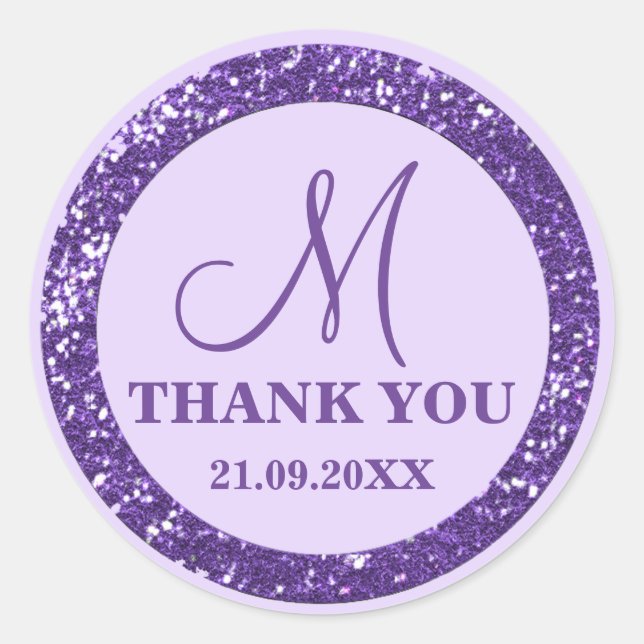 Glam Lila Glitzer Danke Monogram Runder Aufkleber (Vorderseite)