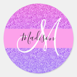 Glam Lila Glitzer Glitzern Gradient Monogramm Runder Aufkleber