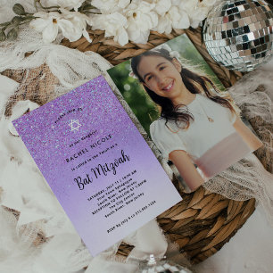 Glam Lila Glitzer Look Bat Mitzvah   Foto zurück Einladung