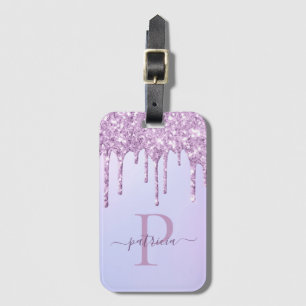 Glam Lila Glitzer Tropfen Elegantes Monogramm Gepäckanhänger