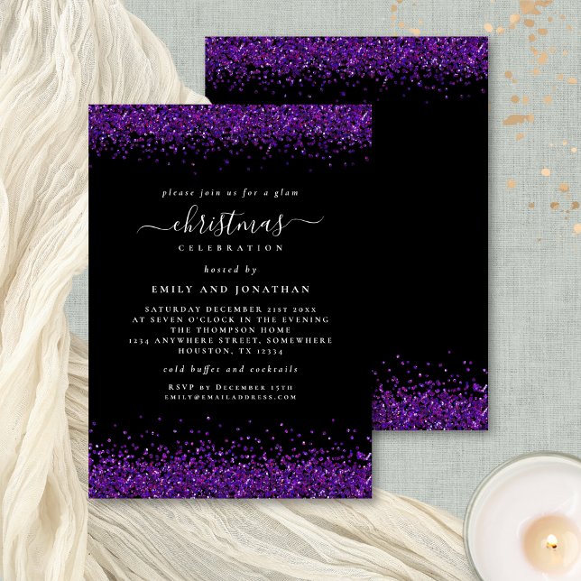Glam Lila Glitzer Weihnachts-Party Schwarz Einladung (Front and back view)