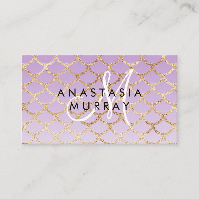 Glam Lila & Gold Mermaid Glitzer Monogram Name Visitenkarte (Vorderseite)