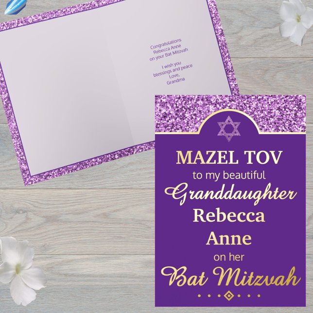 Glam Lila Grandtochter Niece Bat Mitzvah Gold (Real gold foil accents make this purple Bat Mitzvah congratulations card extra special)