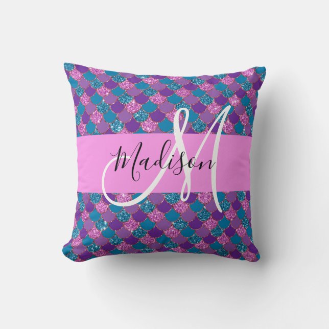 Glam Lila Mermaid Glitzer Glitzern Monogram Name Kissen (Vorderseite)