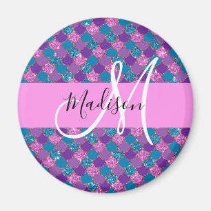 Glam Lila Mermaid Glitzer Glitzern Monogram Name Magnet