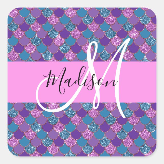 Glam Lila Mermaid Glitzer Glitzern Monogram Name Quadratischer Aufkleber (Vorderseite)
