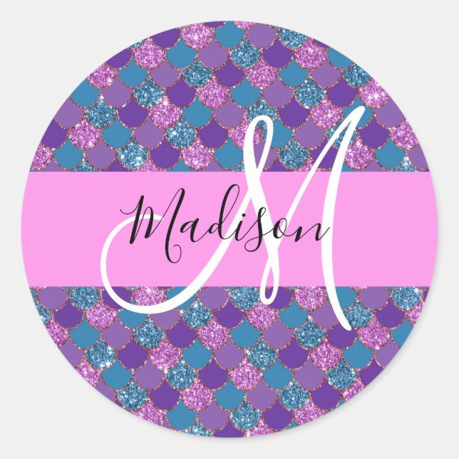 Glam Lila Mermaid Glitzer Glitzern Monogram Name Runder Aufkleber (Vorderseite)