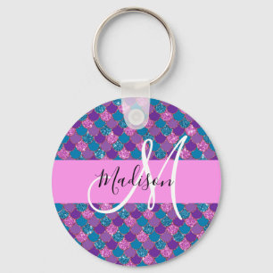 Glam Lila Mermaid Glitzer Glitzern Monogram Name Schlüsselanhänger