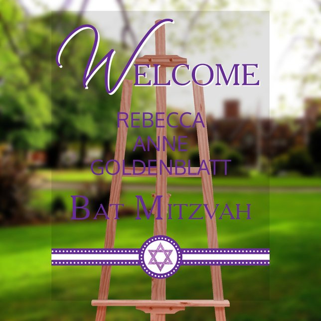 Glam Lila Modern Chic Bat Mitzvah Willkommen Acrylschild (Clear acrylic gives this purple glam Bat Mitzvah welcome sign a modern feel)