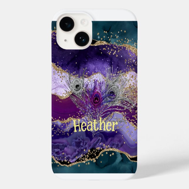 Glam Lila Peacock Agate Feathered Case-Mate iPhone 14 Hülle (Rückseite)