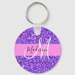 Glam Lila & Pink Glitzer Sparkone Monogramm Name Schlüsselanhänger