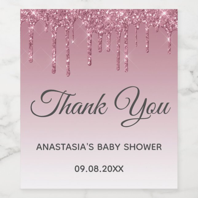 Glam Lila Pink Rose Gold Danke Baby Dusche Weinetikett (Einzelnes Label)