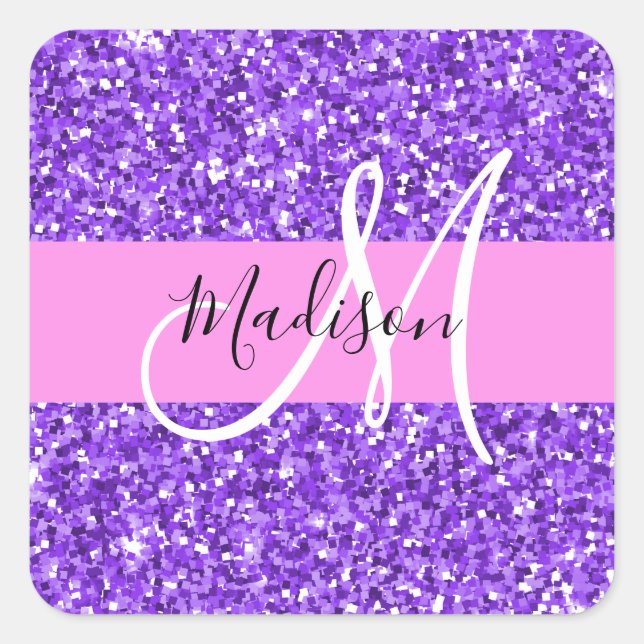 Glam Lila & rosa Glitzer Sparkon Monogram Name Quadratischer Aufkleber (Vorderseite)