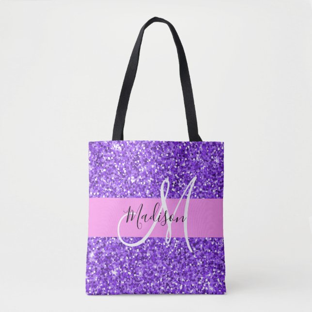 Glam Lila & rosa Glitzer Sparkon Monogram Name Tasche (Vorderseite)