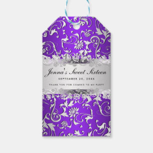Glam Lila Silver Floral Muster 16 . Geburtstag Geschenkanhänger