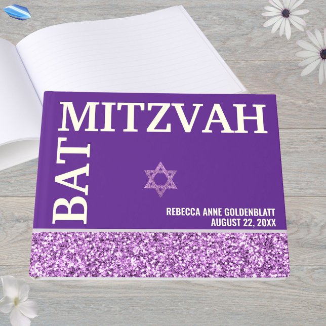 Glam Lila Star von David Bat Mitzvah Gold Gästebuch (This faux purple glitter Bat Mitzvah guest book with real gold foil is easy to personalize)