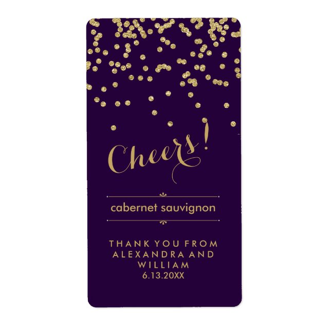 Glam Lila und Gold Wedding Wine Bottle Label (Vorne)