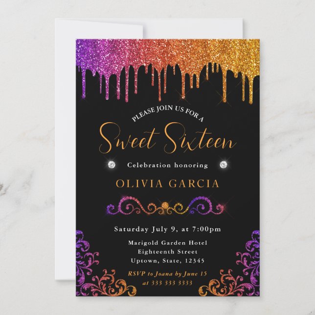 Glam Lila und Orange Gradient Glitzer Sweet 16 Einladung (Vorderseite)