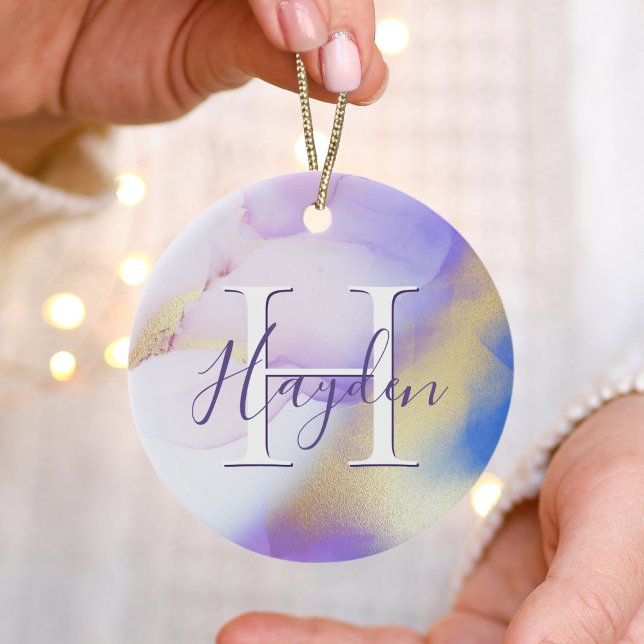 Glam Lilac Gold Abstrakt Paint Elegant Monogram Keramik Ornament (Von Creator hochgeladen)