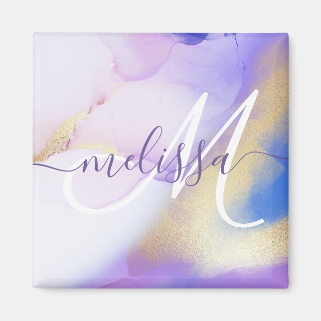 Glam Lilac Gold Abstrakt Paint Elegant Monogram Magnet (Vorne)