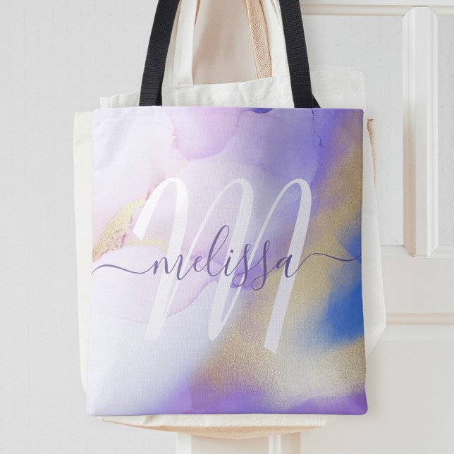 Glam Lilac Gold Abstrakt Paint Elegant Monogram Tasche (Von Creator hochgeladen)