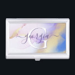 Glam Lilac Gold Abstrakt Paint Elegant Monogram Visitenkarten Dose<br><div class="desc">Diese abstrakte lila Aquarellfarbe und das goldene Imitat bespritzen den Hintergrund mit Ihren individuellen Details.</div>