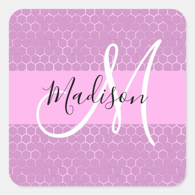 Glam Lilac Metallic Pink Honeycomb Monogram Name Quadratischer Aufkleber (Vorderseite)