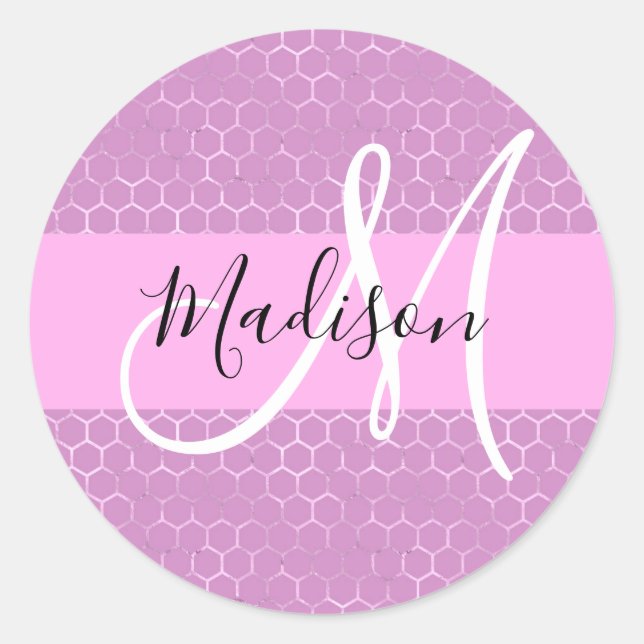 Glam Lilac Metallic Pink Honeycomb Monogram Name Runder Aufkleber (Vorderseite)