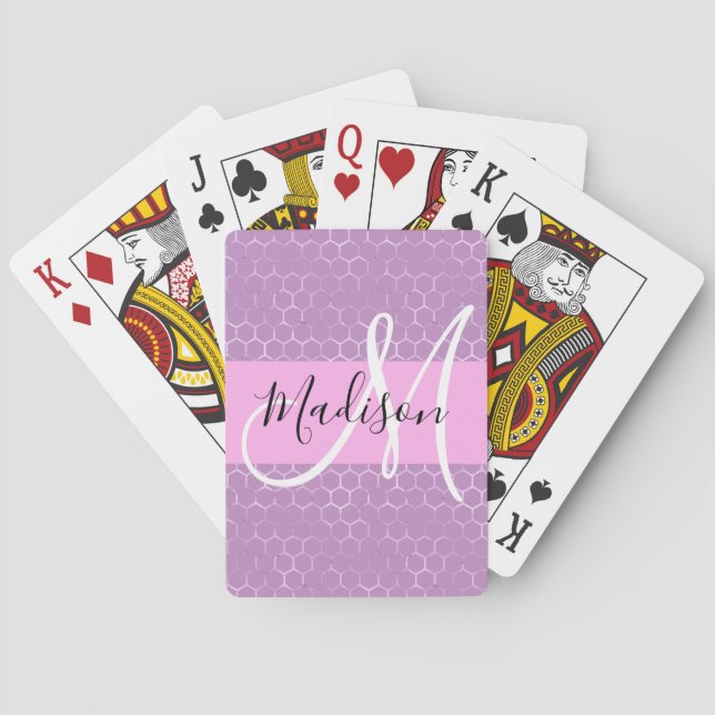 Glam Lilac Metallic Pink Honeycomb Monogram Name Spielkarten (Rückseite)