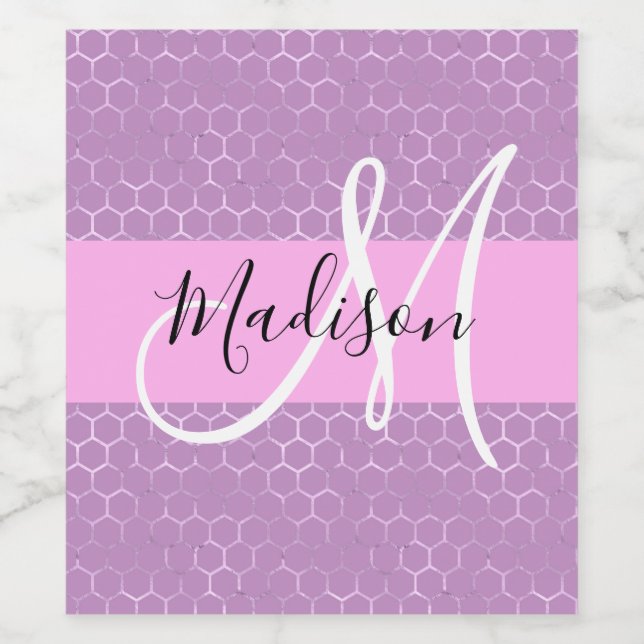 Glam Lilac Metallic Pink Honeycomb Monogram Name Weinetikett (Einzelnes Label)