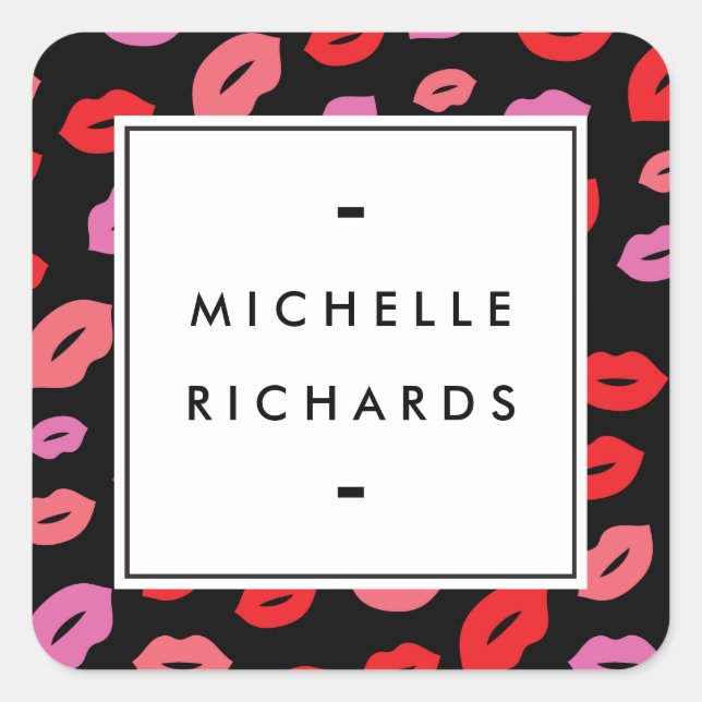 Glam Lip Print Makeup Artist Schönheit Rot/Schwarz Quadratischer Aufkleber (Vorderseite)