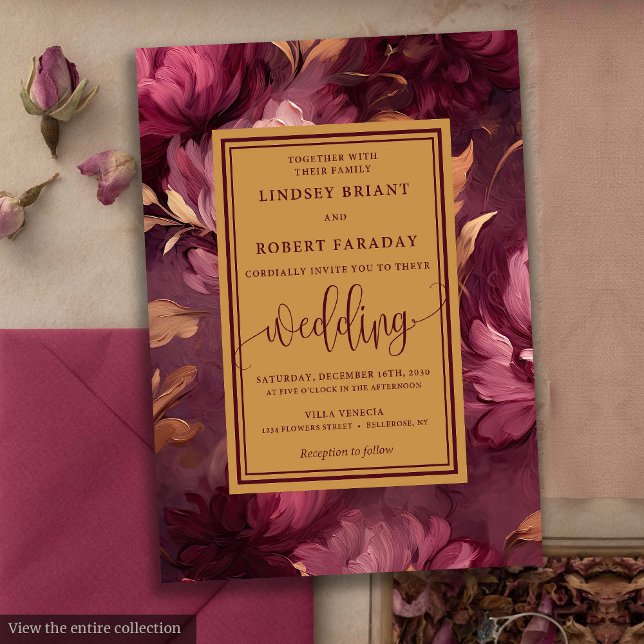 Glam Luxury Maroon Blush Gold Floral Wedding Einladung (Glam Luxury Maroon Blush Gold Floral Wedding Invitation)