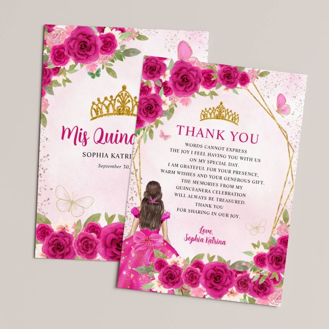 Glam Magenta Pink Gold Floral Prinzessin Quinceañe Dankeskarte (Von Creator hochgeladen)